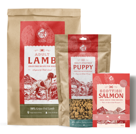 Clydach Farm grain-free dry food: Adult Lamb, Puppy and Scottish Salmon bags